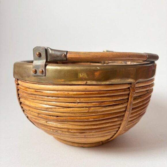 Large Vintage 1970's Italian Brass Rimmed Pencil Bamboo Basket With Handle - Picture 6 of 8